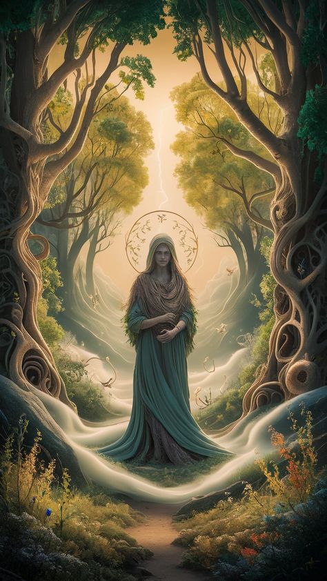 Step into a magical realm with our serene Druid wallpaper. A mystical figure stands amidst ancient trees and vibrant emerald leaves, surrounded by ethereal light and luminescent creatures. This Art Nouveau-inspired scene captures the enchanting beauty of nature and magic, inviting tranquility and wonder into your space. Perfect for nature lovers, fantasy enthusiasts, and home decor. #DruidWallpaper #NatureArt #FantasyDecor Druid Wallpaper, Celtic Artwork, Ethereal Light, Ancient Trees, Art Nouveau Pattern, Fantasy Decor, High Resolution Wallpapers, Ancient Tree, Forest Wallpaper