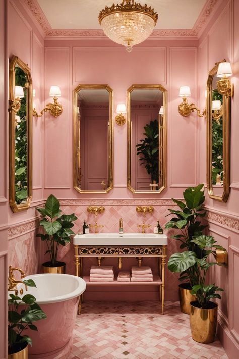 20 Adorable Pink Bathroom Decor Ideas – ToolzView 80s Art Deco Bathroom, Pink Stained Glass Aesthetic, Big Bathroom Mirror Ideas, Real Bathroom Ideas, Pink Bathroom Mood Board, Pink Wallpaper Bathroom Ideas, Pink And Gold Interior, 70s Pink Bathroom, Light Mauve Bathroom