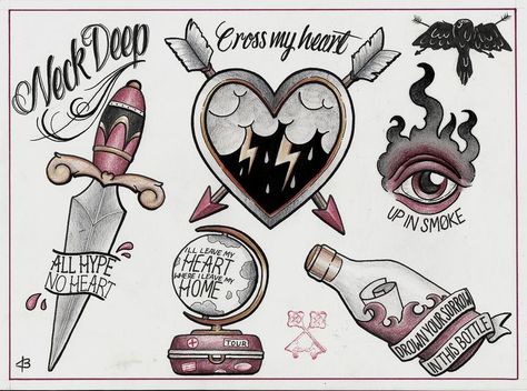 Pop Punk Tattoo Ideas, Pop Punk Tattoo, Jake Tattoo, Punk Tattoo Ideas, Tattoo Doodles, Cross Tattoo Neck, Sister Tats, Monsters Drawings, Cross Tattoo Meaning