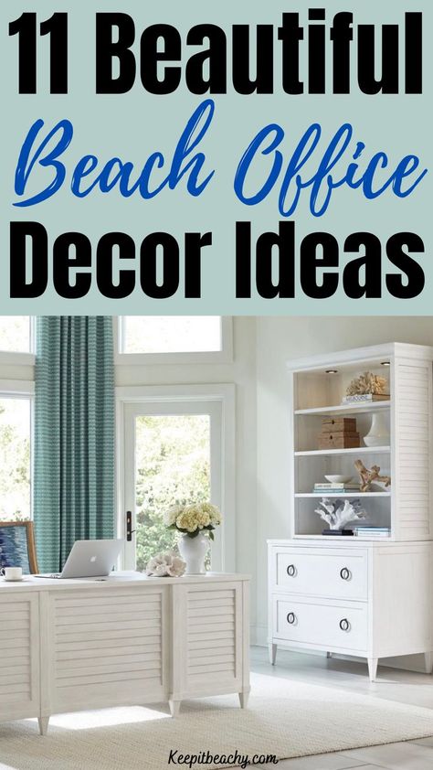 beach office designs Beach Cottage Decor Living Room, Small Beach House Decor, Beachy Farmhouse Decor, Beach Theme Office, Beach Cottage Style Living Room, Coastal Entryway Ideas, Beachy Office, Beach House Entryway, Rustic Beach House Decor