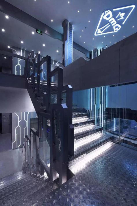 The multi-storey facility was built by China’s GuTeng Studios Sci Fi Aesthetic, Gaming Lounge, Ultimate Garage, Gaming Room Setup, Interior Stairs, Lighting Design Interior, Luxury Homes Dream Houses, Oh My God, Room Setup