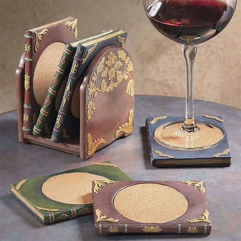 These book coasters would add literary charm to any home, and make a great gift! Book Coasters, Geek Home Decor, Miniature Bookshelf, Geek Decor, Clever Gift, Cheese Boards, Coaster Furniture, Decor Guide, Bookish Gifts