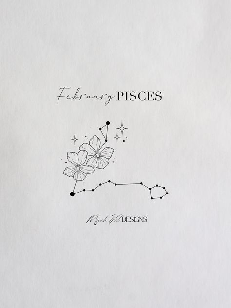 Artist: MyahVal Designs​​​​​​​​​   #digitalart  #artwork #tattooart #floralart #tattoos #floraltattoo #tattooideas #minimalist #tattoodesign #birthflower #birthflowers Birthflower February Tattoo, Pisces Flower Tattoo, February Tattoo Ideas, Pices Zodiac Tattoo, Unique Pisces Tattoos, February Tattoo, Pisces Flower, February Pisces, Pisces Constellation Tattoo