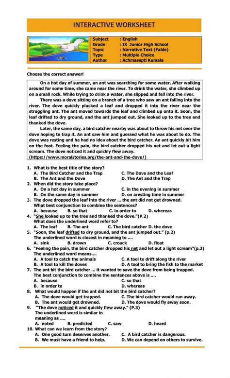 Narrative Text Worksheet, Narrative Text, English Subject, Fable 2, English Club, Reading Comprehension Lessons, English Exercises, Grade 9, English Language Learning