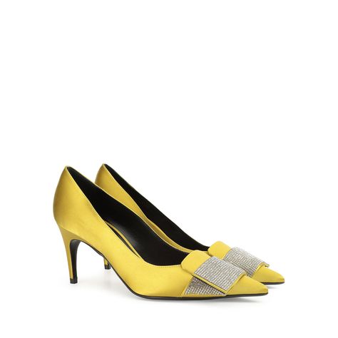 Pumps Yellow Mid heel: 75mm, sr1 Paris | Sergio Rossi Feminine Universe, Jeweled Shoes, Court Heels, Jeweled Sandals, Yellow Satin, Rhinestone Shoes, Chocolate Baking, Sergio Rossi, Fabulous Fashion