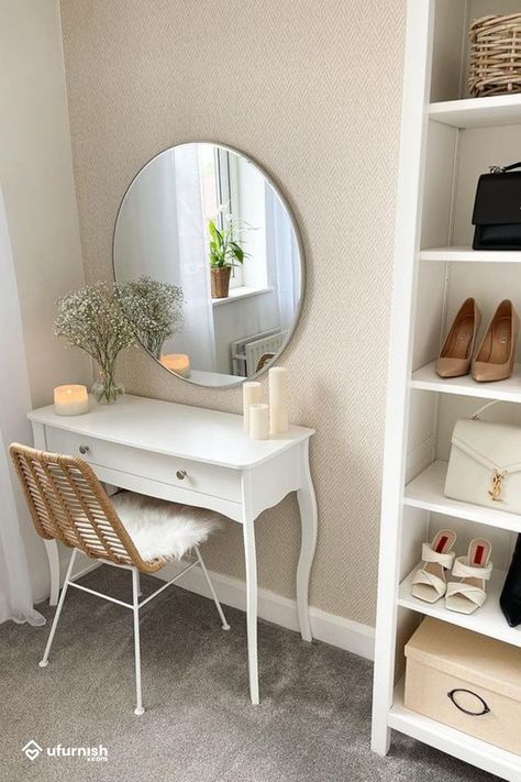 white dressing table with a rattan chair Spare Bedroom Decor, Ikea Dressing Table, Simple Dressing Table, Dressing Table Decor, Simple Dressing, Dressing Table Design, Bedroom Dressing Table, Apartment Living Room Design, Redecorate Bedroom