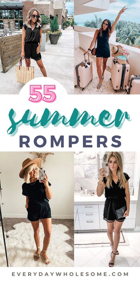 Summer rompers for women and romper outfit ideas for summer and the beach. You'll find black jumpsuit outfit ideas and others with color. Most of these spring and summer outfit ideas are casual romper, tracksuit and jumpsuit ideas. Rompers, romper outfits, petite outfits you can wear for all the things, work, mom life and around town. Short Romper Outfit Summer, Family Reunion Outfit Ideas Summer, Women Romper Outfits, Womens Rompers Summer, Womens Romper Outfit, Styling Rompers Summer Outfits, Women’s Rompers, Black Shorts Jumpsuit Outfit, Black Short Romper Outfit