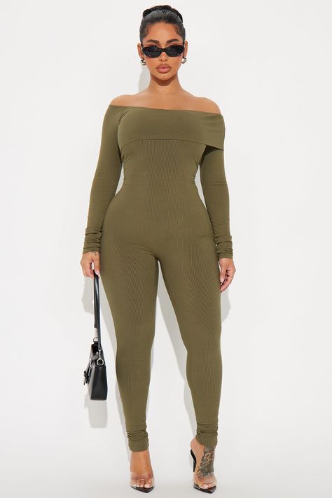 Available In Taupe, Heather Grey, And Olive. Ribbed Jumpsuit Long Sleeve Off Shoulder Legging Stretch 90% Rayon 10% Spandex Imported | Clarisse Ribbed Jumpsuit in Olive Green size 1X by Fashion Nova Green Bodysuit Outfit, Ribbed Outfit, Uzun Boy, Ribbed Jumpsuit, Muscle Mommy, Olive Green Jumpsuit, Jumpsuit Long Sleeve, Olive Fashion, Jumpsuit Long