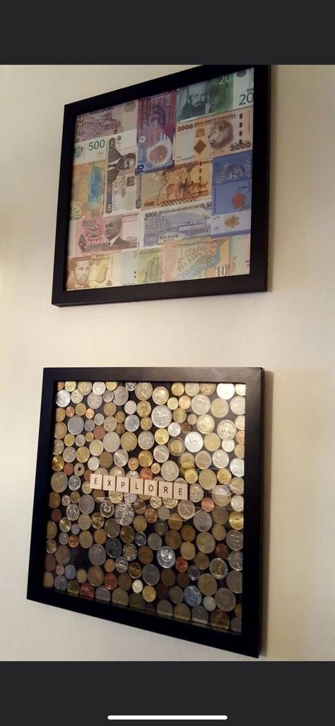 Travel Trinkets Display, Framed Coins Ideas, Currency Display Ideas, Travel Pictures Display, Foreign Money Display, Money Collection Display, Travel Keepsakes Display, Displaying Travel Souvenirs, Vacation Wall Display