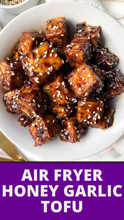 Crispy air fryer tofu is made to perfection every time, with less fat than the traditional method of deep-frying. In less than 20 minutes, you are tossing your air fryer tofu in a homemade honey garlic sauce that is balanced in flavor and totally satisfying. #AirFryer #Tofu #Healthy Homemade Honey Garlic Sauce, Honey Garlic Tofu, Air Fryer Tofu, Garlic Tofu, Tofu Recipes Healthy, Air Fryer Recipes Vegetarian, Thighs Chicken, Honey Garlic Sauce, Tofu Dishes