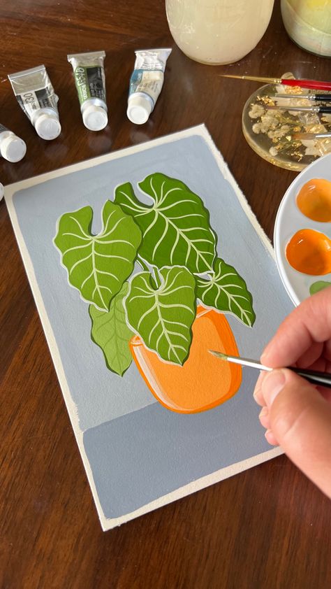 Painting tutorial of a potted plant Gouache Plants, Tutorial Painting, Paint With Me, Philodendron Plant, Gouache Paint, Paint Inspiration, Seni Dan Kraf, Simple Canvas Paintings, Gouache Art