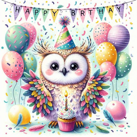 Happy Birthday Owls Image, Happy Birthday Owl, Birthday Owl, Owl Invitations, Whimsical Birthday, Flickering Candle, Floating Balloons, Pastel Color Palette, Owl Images