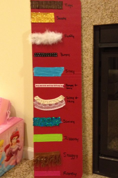 Sensory texture board.  Various fabric and ribbon swatches from Hobby Lobby glued to card board.  The girls love this thing! Sensory Wall, Texture Board, Preschool Language, Sensory Ideas, Preschool Resources, Sensory Room, Card Board, Language Resources, Learning Ideas