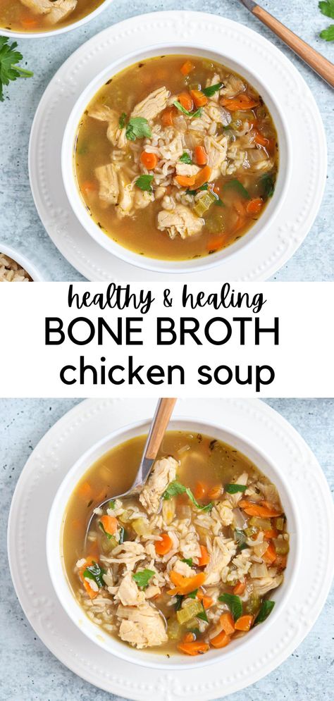 bone broth chicken soup with brown rice in a white bowl. Bone Broth Recipe Chicken, Broth Chicken Soup, Bone Broth Soup Recipes, Bone Broth Chicken, Chicken Bone Broth Recipe, Chicken Broth Soup, Chicken Soup Crockpot, Chicken Crock Pot, Broth Chicken