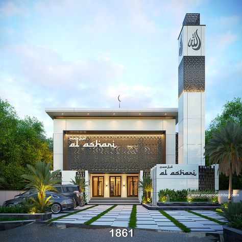 "1861st Design" . This mosque design is owned by our client in Sidoarjo, East Java. Al Ashari Mosque uses a modern style that makes the facade appear more assertive and contemporary. Some separate building periods are designed more minimalist with tropical plants that beautify the surrounding environment. Then the front yard is optimized as a vehicle parking lot. In addition to the luxurious exterior, the interior also offers a classy cozy impression with a dome-shaped ceiling. . The 23rd d... Masjid Interior Design Modern, Classic Tropical House, Modern Tropical House Design, Architect Instagram, Luxurious Exterior, Mosque Design Islamic Architecture, Modern Tropical House, Tropical House Design, Emporio Architect