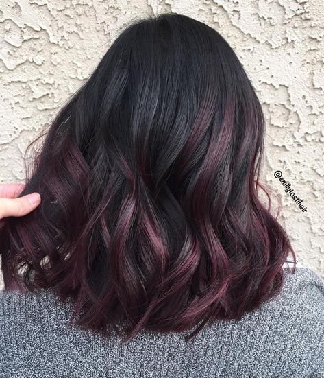 Black Hair with Dark Burgundy Highlights Dark Burgundy Hair, Burgundy Balayage, Purple Balayage, Maroon Hair, Dark Purple Hair, Plum Hair, Hair Color Burgundy, Black Hair With Highlights, Red Highlights