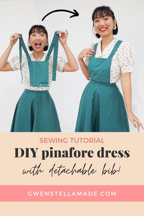 How To Sew a Pinafore Dress (+ detachable bib!) — Gwenstella Made | sewing · DIY · style Diy Pinafore Dress, Diy Pinafore, Pinafore Dress Pattern, Pinafore Pattern, Dress Sewing Tutorials, Cute Sewing Projects, Skirt Patterns Sewing, Sewing Diy, Creation Couture