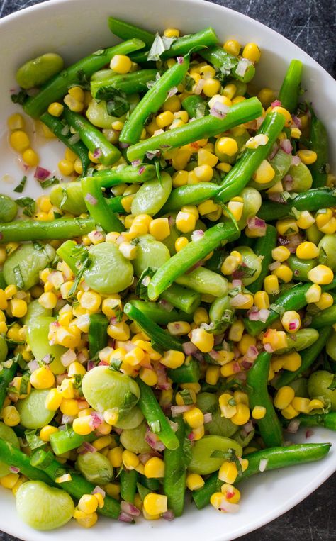 Summer Succotash Salad: For a fresher take on succotash, we swapped the usual cream and butter for a bright vinaigrette. Ingredients like lemon, red onion, and basil pair perfectly with sweet, crunchy veggies like corn and green beans. Country Sunday Dinner Ideas, Succotash Salad Recipe, Lunches Recipes, Succotash Salad, Southern Salad, Summer Succotash, Succotash Recipe, Cooks Country, Crunchy Veggies