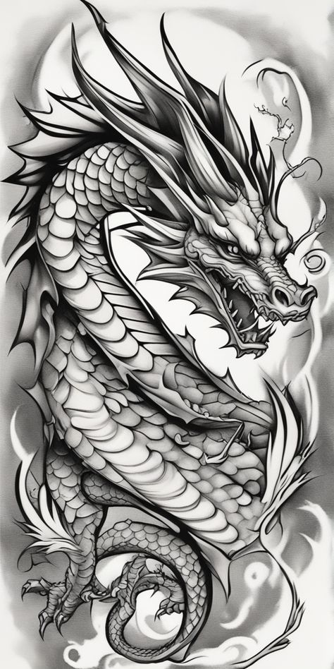 A striking new school style dragon tattoo design is presented in black and white over a blank canvas. The image showcases intricate details, from the dragon's fierce expression to its magnificent scales, creating a dramatic and bold aesthetic. Dragon Warrior Tattoo, Medieval Dragon Tattoo, Dragon Tattoo Realistic, Dragon Stencil, Dragon Tattoo Leg, Dragon Tattoo Stencil, Praying Hands Tattoo Design, Dragon Tattoo Drawing, Japanese Dragon Drawing