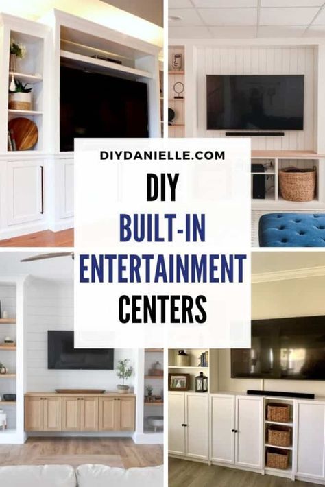 Learn how to build your own DIY built-in entertainment center with these easy-to-follow ideas. Entertainment centers can be pricey. These ideas will save you a ton of money, and you can create a custom look. Diy Wall Unit, Bookshelf Entertainment Center, Ikea Entertainment Center, Small Entertainment Center, Built In Tv Wall Unit, Built In Tv Cabinet, Corner Entertainment Center, Built In Wall Units, Large Entertainment Center