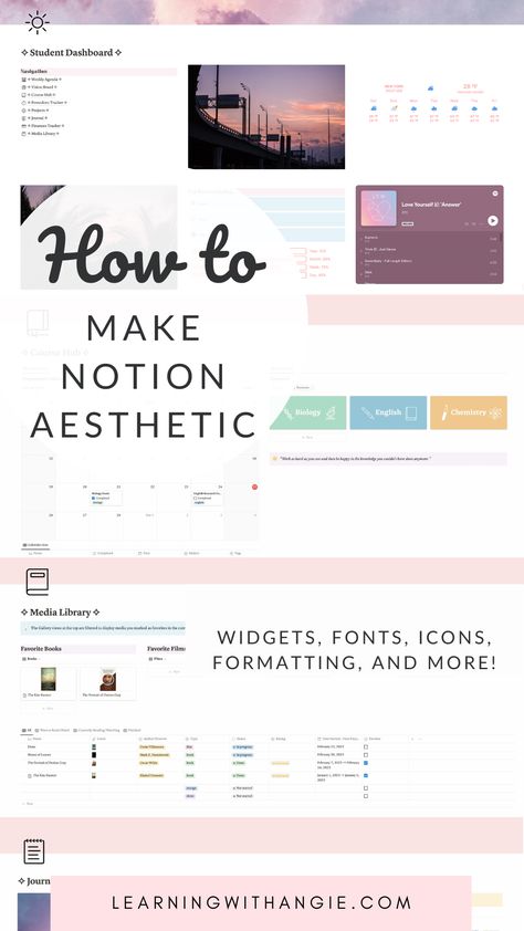 Check out this step-by-step guide on how to make your Notion aesthetic. A free Notion template for students with pages for planning, taking notes, setting goals, tracking finances, and more is included! | notion for students aesthetic, notion inspiration, notion template ideas for students Notion Template Tutorial, How To Use Notion For Beginners, Notion Cheatsheet, Notion How To, Notion Beginner, Notion Pages Ideas, Notion Manifestation, Aesthetic Notion Setup, Notion Student Dashboard