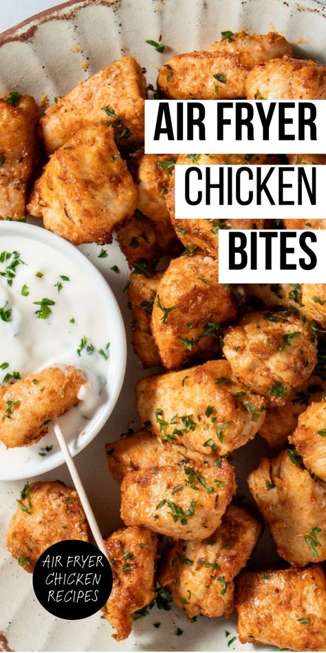 Air-fried chicken bites served with a side of dipping sauce. Chicken Air Fryer Meals, Quick Chicken Recipes Air Fryer, Air Fryer Boneless Buffalo Wings, Meat In Air Fryer Ideas, Healthy Air Fryer Dinners For 2, Healthy Air Fry Chicken, Air Fryer Chicken Salad, Air Fryer Pickle Chicken, Chicken Recipes Healthy Air Fryer