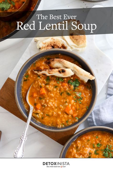 Red Lentil Soup is made with simple pantry ingredients & tastes like it came from a restaurant! It's a great source of plant-based protein, and makes an easy weeknight meal. Soup Photos, Lentil Recipes Healthy, Red Lentil Recipes, Red Lentil Soup Recipe, Lentil Soup Recipe, Simple Pantry, Chickpea Soup, Pantry Ingredients, Bean Tacos