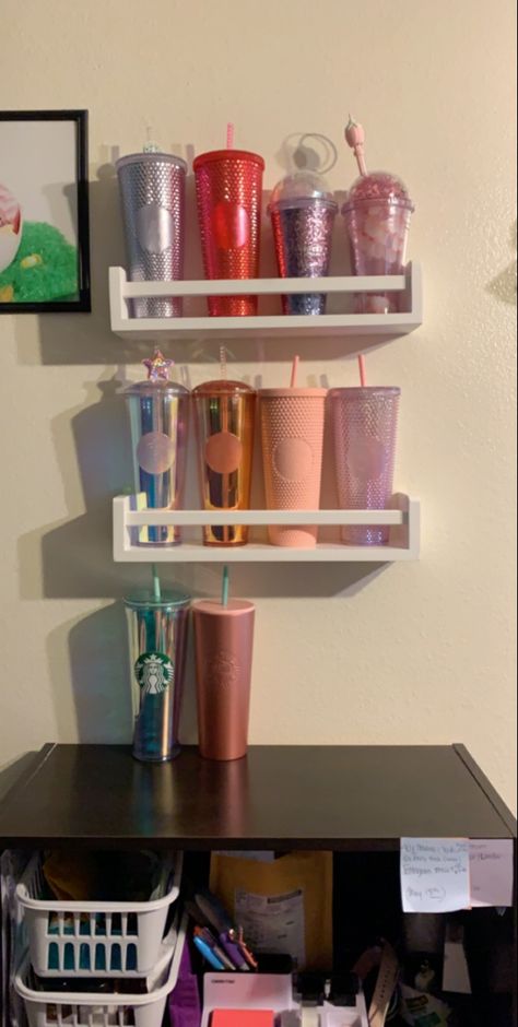 Shelves For Tumblers, Starbucks Cup Storage Ideas, Starbucks Tumbler Collection Display, Starbucks Cup Organization, Starbucks Cups Display, Tumbler Organization, Tumbler Display, Cup Display, Alcohol Bar