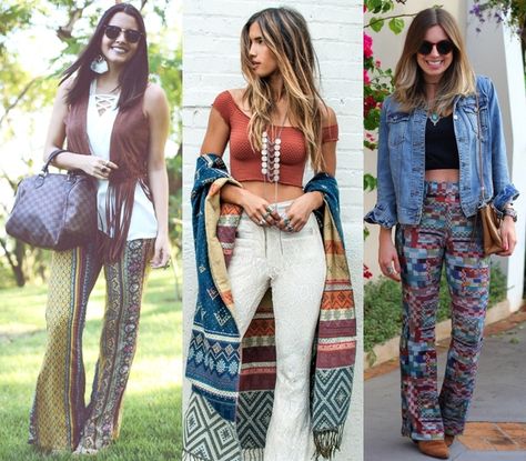 Uma característica muito importante nas calças estilo boho é que elas sejam modelo flare, com a boca mais larga. O tecido e textura da peça são fundamentais para proporcionar o toque boho. Tecidos com aparência rendada ou com estampas podem ser o destaque do visual. “As calças de cintura alta e boca-de-sino (flare) representam bem o estil boho, assim como as pantalonas coloridas ou com estampas étnicas e florais.Componha com botas, batas, quimonos com franjas, coletes de crochê ou couro". Stile Hippie Chic, Sweet 16 Outfits, Stile Boho Chic, Look Boho Chic, Ethno Style, Estilo Hippie, Hippy Chic, Christian Fashion, Estilo Boho Chic