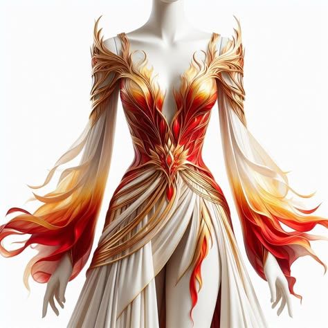 Fire And Ice Formal Dress, Pheonix Cosplay, Fire Themed Outfits, Fire Inspired Outfits, Fire Faerie, Fantasy Dress Design, Phoenix Dress, Fire Queen, Phoenix Costume