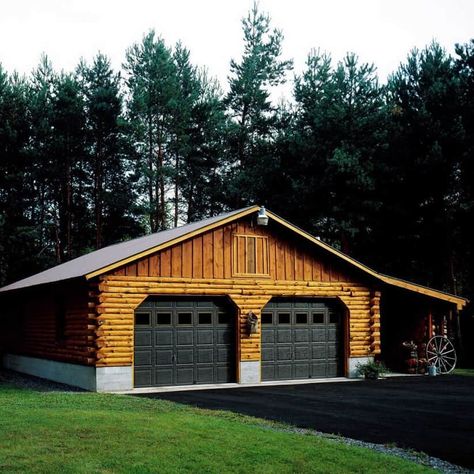 Log Garage Ideas, Cabin Garage Doors, Log Cabin Garage Doors, Log Cabin Addition Ideas, Log Cabin Garage, Log Home Exterior Ideas, Log Garage, Log Cabin Exterior Ideas, Log Cabin Remodel