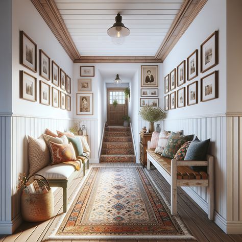 On one side, there should be an array of family photos arranged in vintage frames, creating a gallery wall. Opposite the photo wall, there should be an antique wooden bench with a pile of colorful pillows, showcasing warm and welcoming textures. A patterned antique rug stretches down the length of the hallway, adding a layer of coziness. Finish off the scene with some indoor plants for a fresh, natural touch. Use this image as inspiration for an upcoming remodel project. Large Hallway Decor, Hallway Seating Ideas, Cozy Hallway, Decorate Hallway, Hallway Wall Decor Ideas, Grand Hallway, Hallway Design Ideas, Entryway Decorating, Hallway Seating