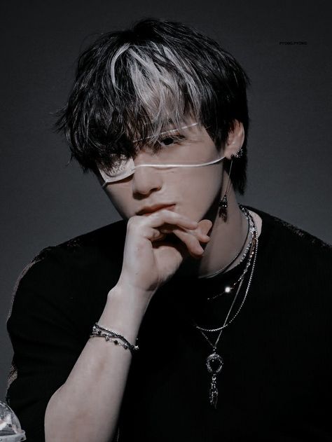 Gray And Black Hair Short, Black And White Hair Men Aesthetic, Choi San Black And White Hair, Short Hair With White Highlights, Black Hair With Silver Tips, Black And Silver Hair Men, Black And White Hairstyles Men, Black Hair White Streak Men, Choi San Long Hair