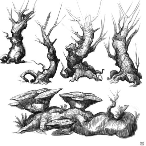 Swamp Plants Drawing, Swamp Sketch, Forest Sketch, Simple Face Drawing, Avatar Tattoo, Alien Plants, Environment Painting, Arte Doodle, Weird Drawings