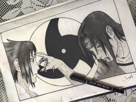 Itachi Sasuke Drawing, Itachi Sasuke Sketch, Itachi Sketch Art, Itachi And Sasuke Sketch, Sasuke And Itachi Drawing, Anime Scenes To Draw, Fictional Drawing, Cartoon Sketches Doodles, Itachi Sketch