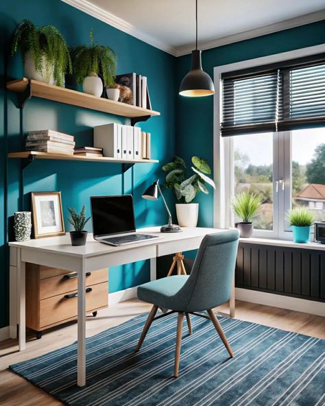 Modern home office corner decor with soft colors #homedecor #homeideas #home #interiordesign #interiordesignideas #modernhouse #modernhomes Home Office Turquoise, Teal Home Office Ideas, Blue Grey Home Office, Turquoise Office Ideas, Light Blue Office Ideas, Teal Office Ideas, Teal Study, Teal Office Decor Ideas, Home Office Teal