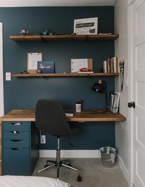 Love this preteen bedroom makeover with DIY art and a built in desk Moody Blue Paint, Preteen Boys Room, Bedroom Decor For Boys, Preteen Bedroom, Boys Bedroom Storage, Teenager Bedroom Boy, Teenage Boy Room, Boys Bedroom Makeover, Teen Boy Room