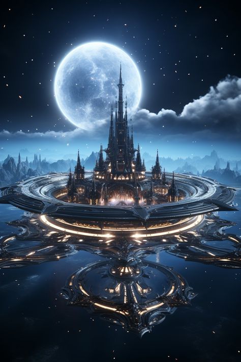 Castle In Space, Sci Fi Castle, Space Cities, Space Castle, Ski Lifestyle, Dreamy Artwork, Landscape Photography Nature, Moon Photography, Fantasy City