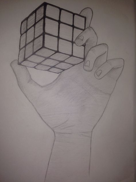 Pencil drawing of Rubik's cube Rubics Cube Drawing, Rubix Cube Drawing, Rubicks Cube, Cube Image, Art Perspective, Leaving Cert, Drawing Hands, Abstract Girl, Cool Pencil Drawings