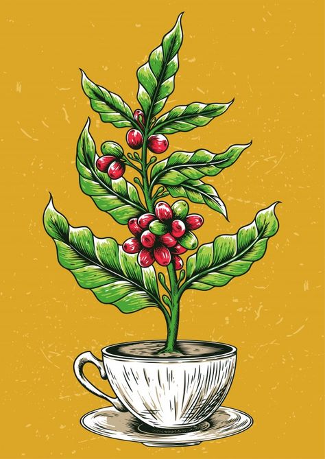 Stock vector coffee tree in coffee mug P... | Premium Vector #Freepik #vector #food #tree #coffee #design Coffee Tree Tattoo, Coffee Plant Drawing, Coffee Tree Illustration, Coffee Plant Illustration, Coffee Illustration Design, Coffee Design Ideas, Coffee Bean Tree, Coffee Leaves, Coffee Leaf