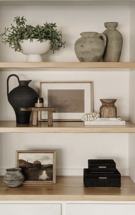 Alcove Styling Ideas, Tv Shelf Styling, Long Shelves Decor, Modern Vintage Shelf Decor, Style Office Shelves, Styling A Wall Shelf, Decorated Floating Shelves, Styling Alcove Shelves, Alcove Shelves Styling