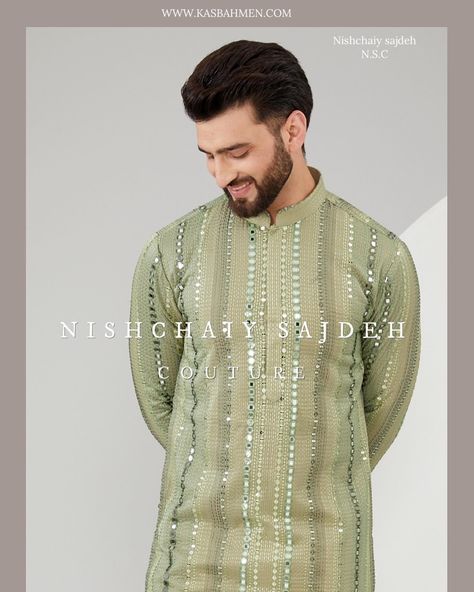 Our versatile Mehndi green mirror work kurta with intricate two tone thread work and detailed sequin embroidery. Shop now at www.kasbahmen.com Luxury Green Kurta With Mirror Work, Traditional Green Kurta With Mirror Work, Green Kurta With Mirror Work For Wedding, Transitional Green Kurta With Mirror Work, Mirrorwork Kurta For Men, Mirror Work Kurta, Green Mirror, Green Mirrors, Sequin Embroidery