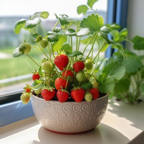 Strawberry Plant Pot, Indoor Strawberry Plant, Grow Strawberries From Seed, Plants On Window Sill, Strawberries In Pots, How To Grow Strawberries, Strawberry Pot, Grow Strawberries, Strawberry Pots