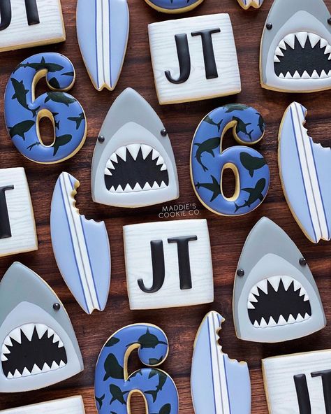 Jaws Cookies Decorated, Shark Birthday Cookies, Surf Birthday Party, Shark Themed Party, Shark Cookies, Shark Themed Birthday Party, Ocean Mermaid, Shark Cake, Sugar Cookie Royal Icing