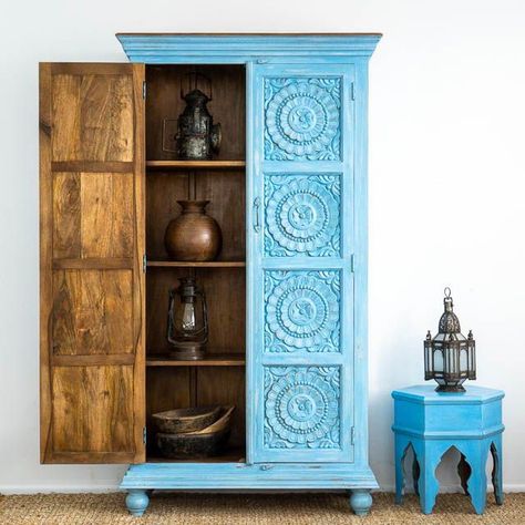 Wardrobe Paint Ideas, Boho Furniture Diy, Indian Furniture Living Rooms, Indian Inspired Furniture, Boho Cabinets, Indian Wooden Furniture, Indian Furniture Traditional, Indian Inspired Bedroom, Mandala On Cupboard