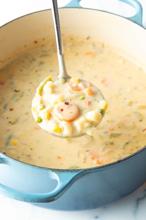 Creamy Vegetable Soup Recipe | A Spicy Perspective Vegetable Chowder Soup, Easy Creamy Vegetable Soup, Cream Vegetable Soup Recipe, One Pot Creamy Vegetable Soup, Vegetable Chowder, Spicy Creamy Soup, Cottage Cheese Soup, Creamy Roasted Vegetable Soup, Keto Creamy Vegetable Soup