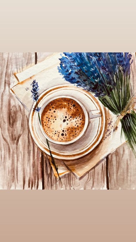 Lavender Wall Art, Coffee Art Painting, Bouquet Making, Coffee Watercolor, Painting Coffee, Lavender Wall, Coffee Cup Art, Coffee Painting, Diy Watercolor Painting