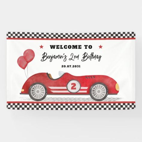 Retro Red Race Car Two Fast Boy Birthday Welcome Banner Race Car First Birthday, Car First Birthday, Red Race Car, Milestone Chart, Red Race, First Birthday Photo, Welcome Banner, Blue Bunny, First Birthday Photos