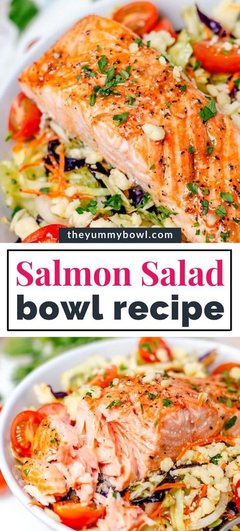 This salmon salad recipe makes a great main dish salad with roasted salmon, vegetables, and easy herb dressing. Another refreshing meal bowl ready in minutes! Grilled Salmon Salad Recipes Healthy, Fish On Salad, Salmon Salad Dressing Recipes, Salmon Recipes With Salad, Salmon Over Salad, Salmon Coleslaw Bowl, Cajun Salmon Salad, Salmon With Cabbage Slaw, Dressing For Salmon Bowl