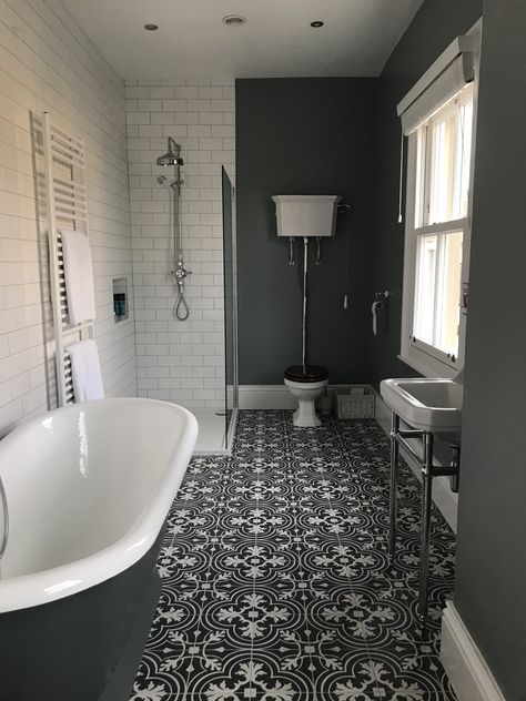 Victorian grey period bathroom cast iron bath Period Bathroom, Cast Decoration, Victorian Bathroom, Small Bathroom Makeover, Steam Showers Bathroom, Black And White Tiles, Bathroom Decoration, Grey Bathrooms, Bathroom Renos